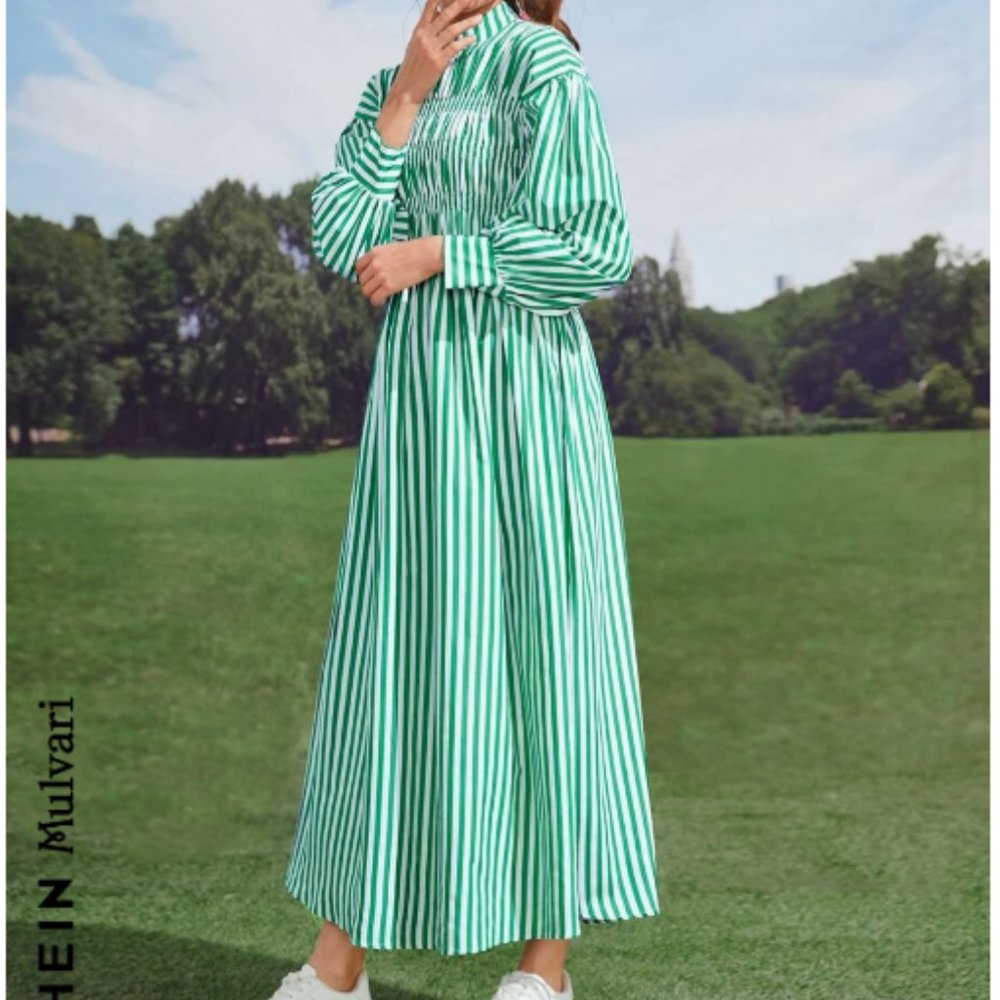 SHEIN Mulvari Vertical Striped Mock Neck Lantern Sleeve Dress Multicolor